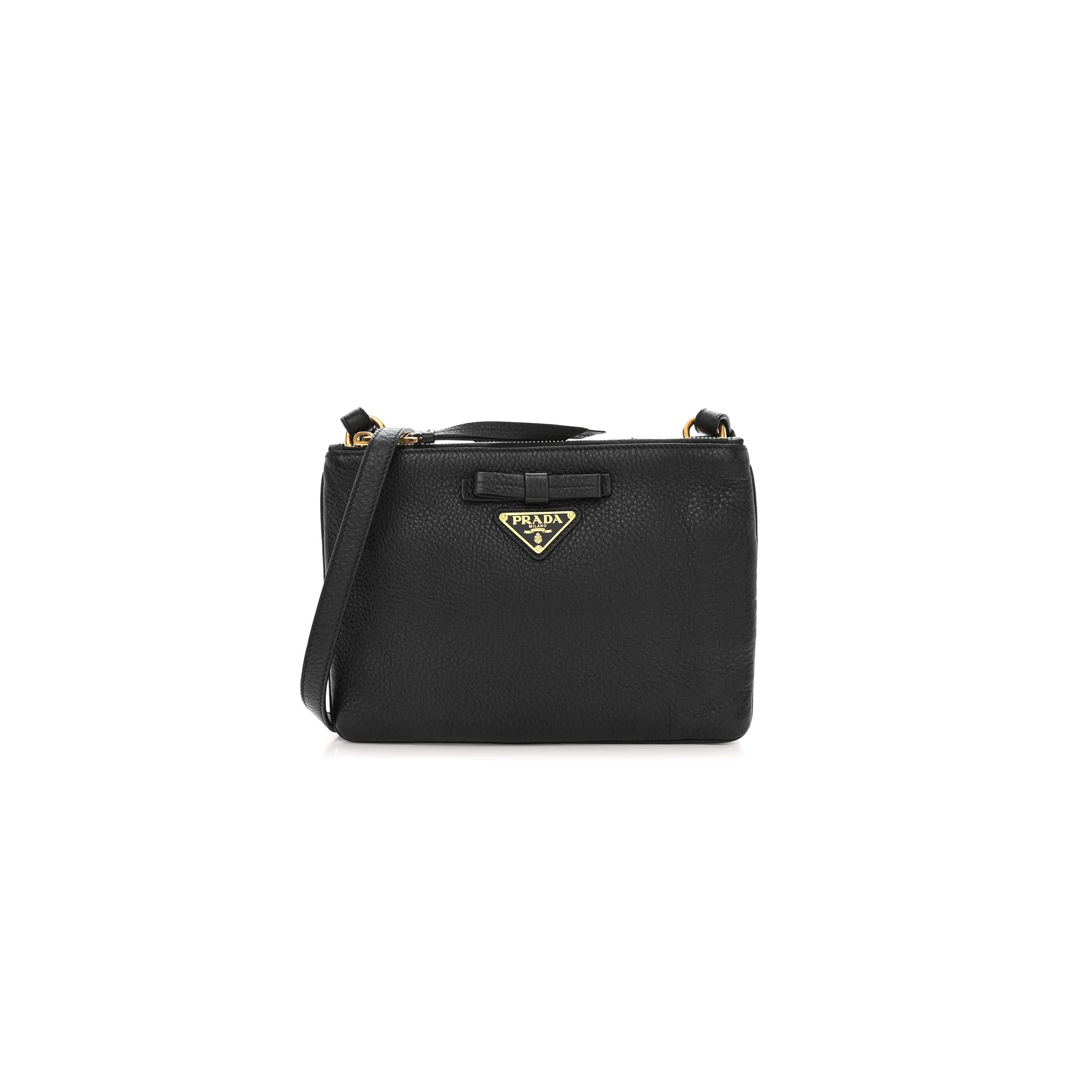PRADA VITELLO DAINO DOUBLE ZIP CROSSBODY BAG BLACK (24*17*2cm) PRADA VITELLO DAINO DOUBLE ZIP CROSSBODY BAG BLACK (24*17*2cm)